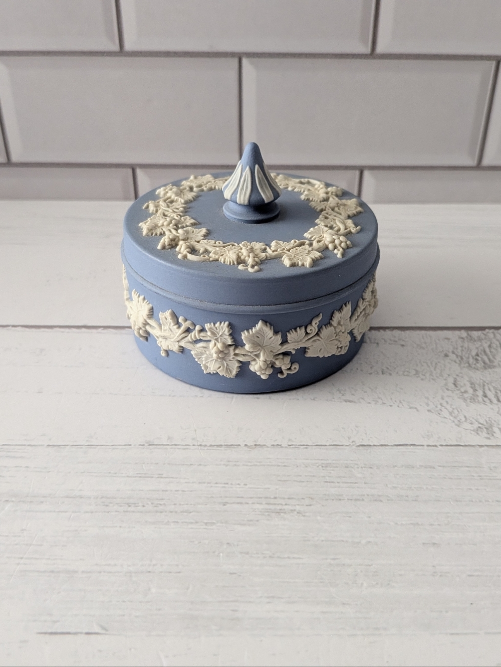 Vintage Wedgwood blue jasperware round covered trinket box